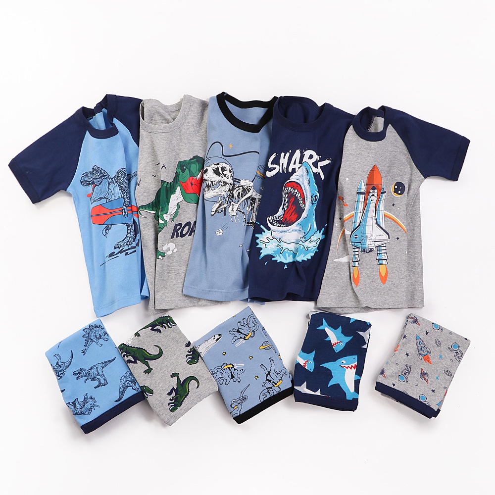 Bộ đồ Soffny gồm áo thun tay ngắn và quần ngắn vải cotton họa tiết khủng long hoạt hình thời trang dành cho bé trai
