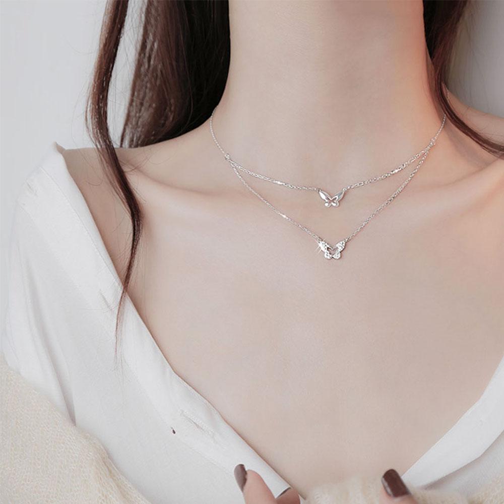QQMALL Vòng Cổ Choker Hai Lớp Mặt Hình Bướm Đính Đá Lấp Lánh Dành Cho Nữ