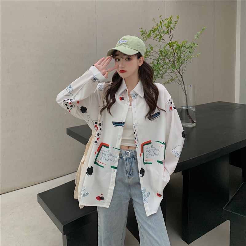 SUXI Áo sơ mi chiffon tay dài in hoa phong cách retro Hàn Quốc cho nữ