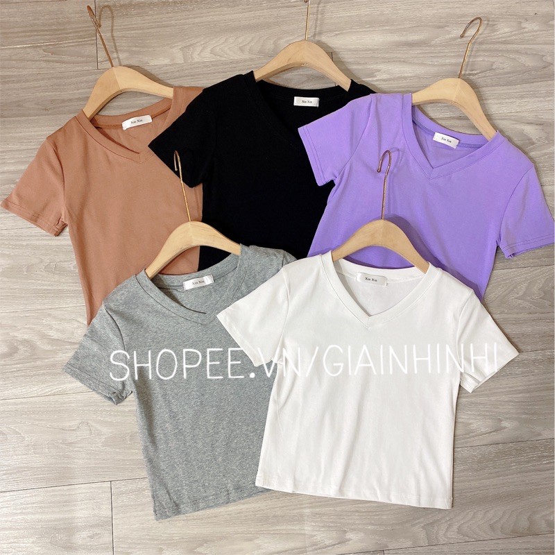 Áo thun cổ tim dáng Crop đơn giản, Áo phông tay cộc dáng ngắn vải cotton co giãn 4 chiều XX333 - NhiNhiShop