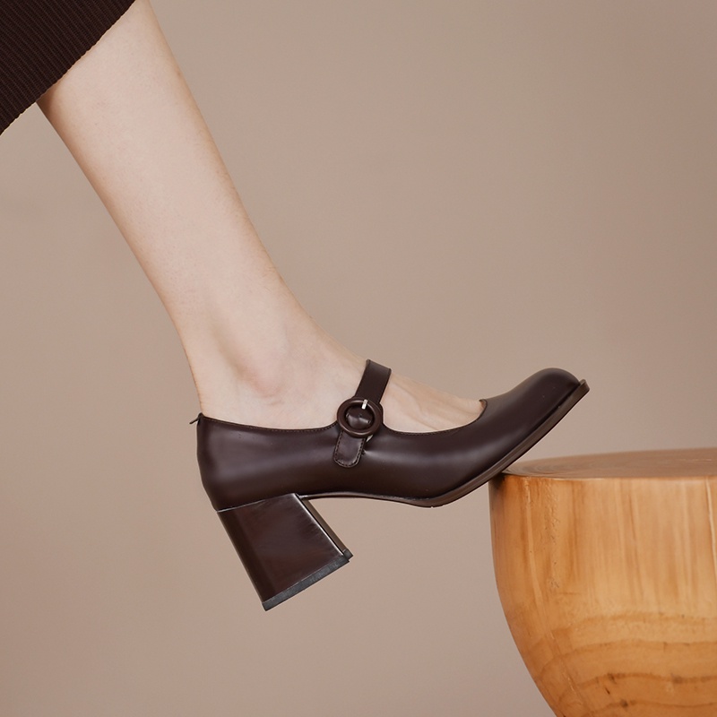 Giày Cao Gót Da Đế Dày Mũi Tròn Màu Nâu/Đen Cho Nữ