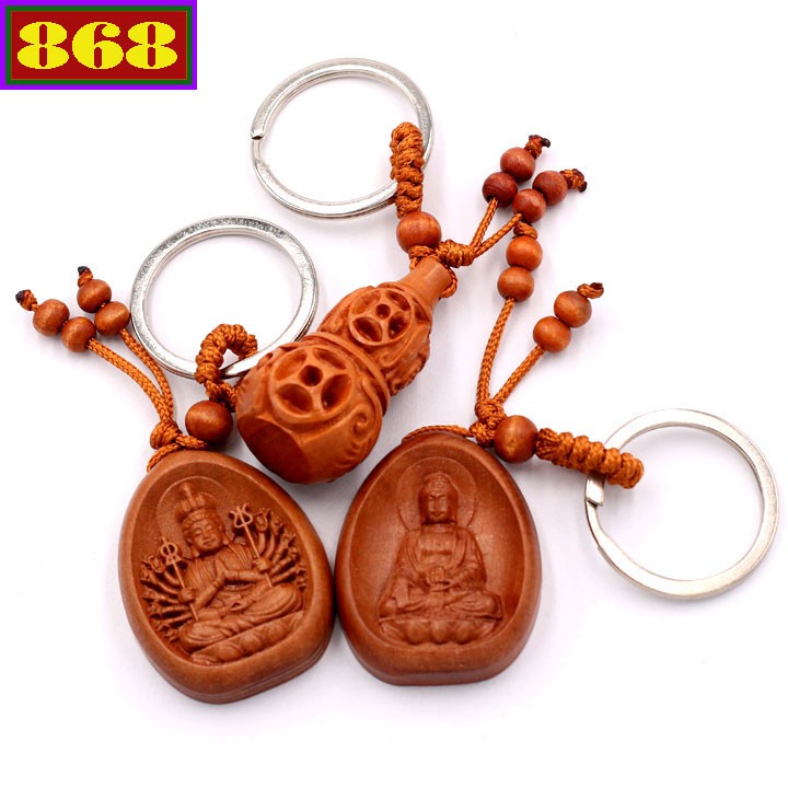 Combo 3 móc khóa phong thủy gỗ đàn hương Thiên thủ thiên nhãn - A di đà - hồ lô