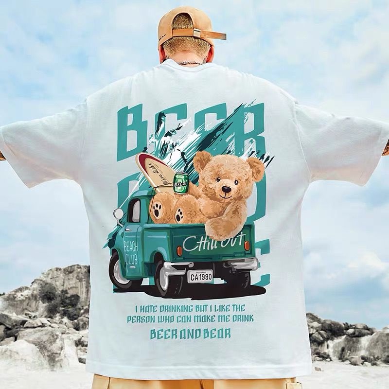 Áo Thun Nam Tay Ngắn Dáng Rộng In Hình Gấu Hoạt Hình Phong Cách Hip Hop Thời Trang Mùa Hè Size M-8XL