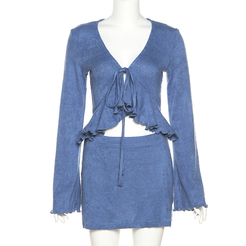 Bộ Áo Sơ Mi Dài Tay Cổ Chữ V + Chân Váy Lưng Cao Xinh Xắn Dành Cho Nữ