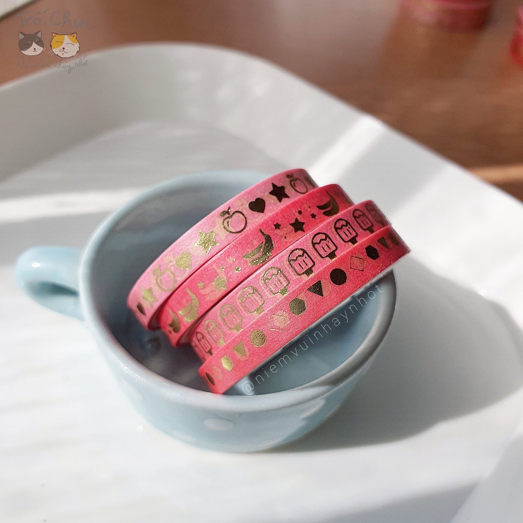 [HÀNG CÓ SẴN] [ẢNH THẬT] Washi tape nhũ ánh kim cực kì sắc nét HỒNG RỰC RỠ Gold Pink Washi tape (kích thước 5mm*2m)