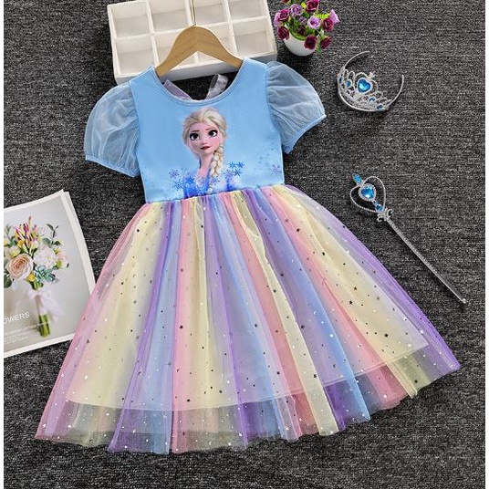Đầm thun voan cầu vồng elsa lấp lánh cho bé gái