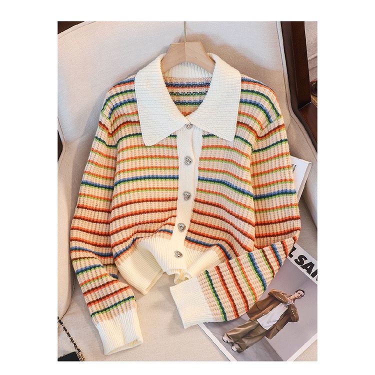 Áo Thun Nữ Dài Tay Cổ Bẻ Sọc Ngang Thời Trang Hàn Mới