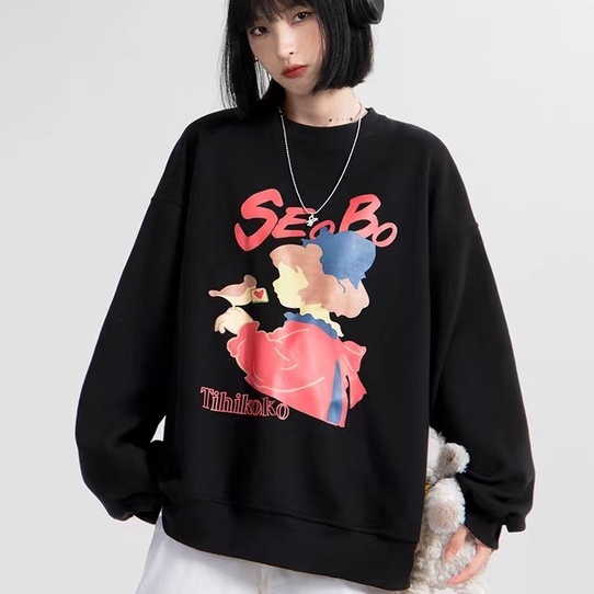 Áo sweater ZHELIHANGFEI tay dài cổ tròn dáng rộng thoải mái in hình thời trang