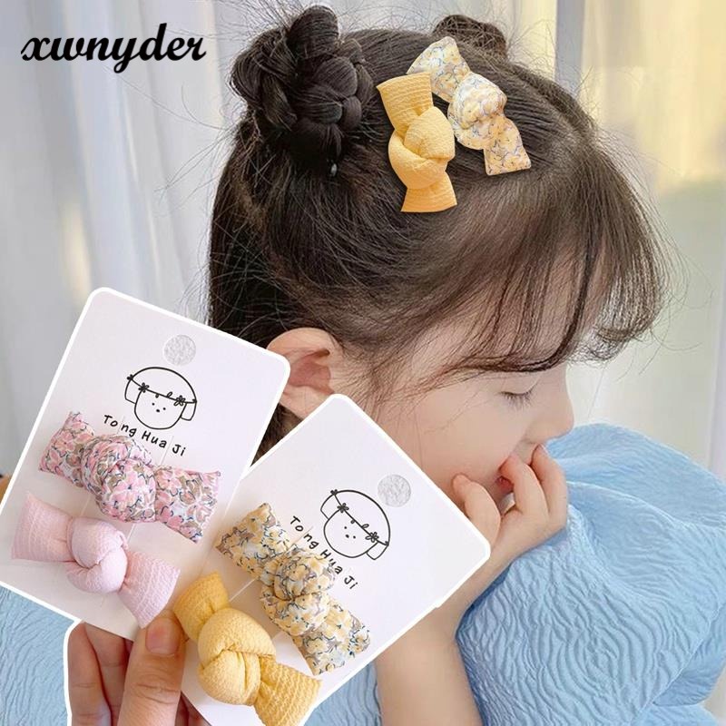 Kẹp Tóc Nơ Vải In Hoa Dễ Thương Phong Cách Hàn Quốc Cho Bé Gái