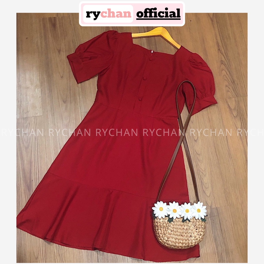 DX816 - Đầm Xòe Màu Đỏ Đuôi Cá Nút Bọc Cổ Vuông [ẢNH THẬT CUỐI]