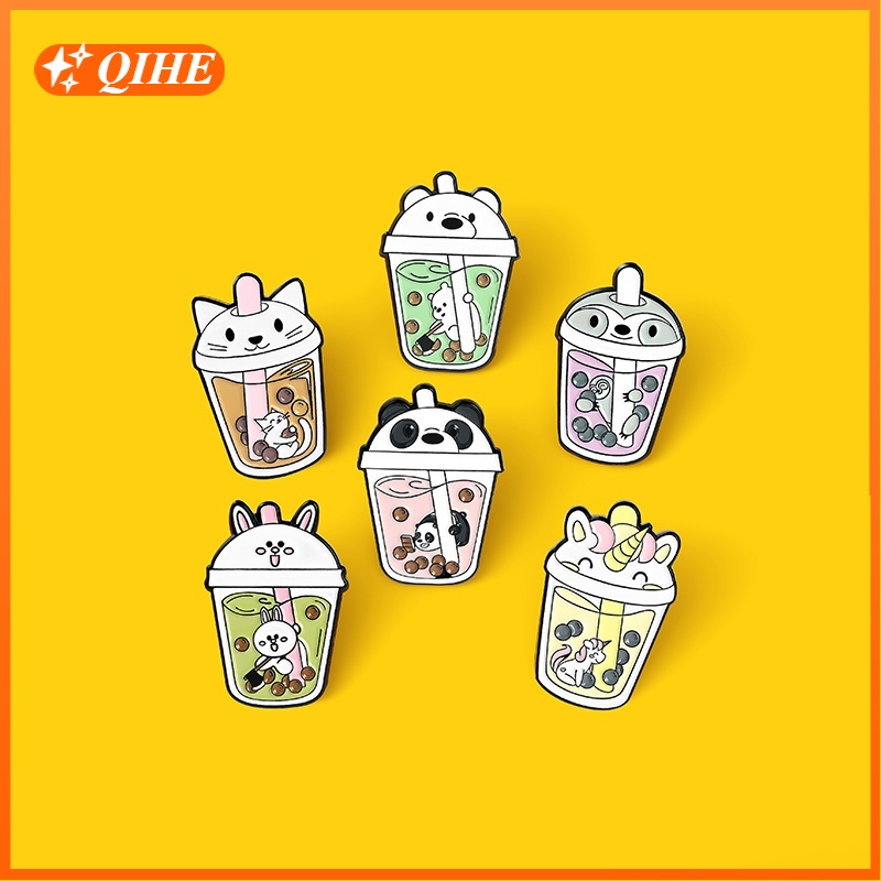 Ghim cài áo QIHE JEWELRY họa tiết hoạt hình gấu trúc / mèo / ngựa một sừng tráng men 6 kiểu dễ thương dùng làm quà