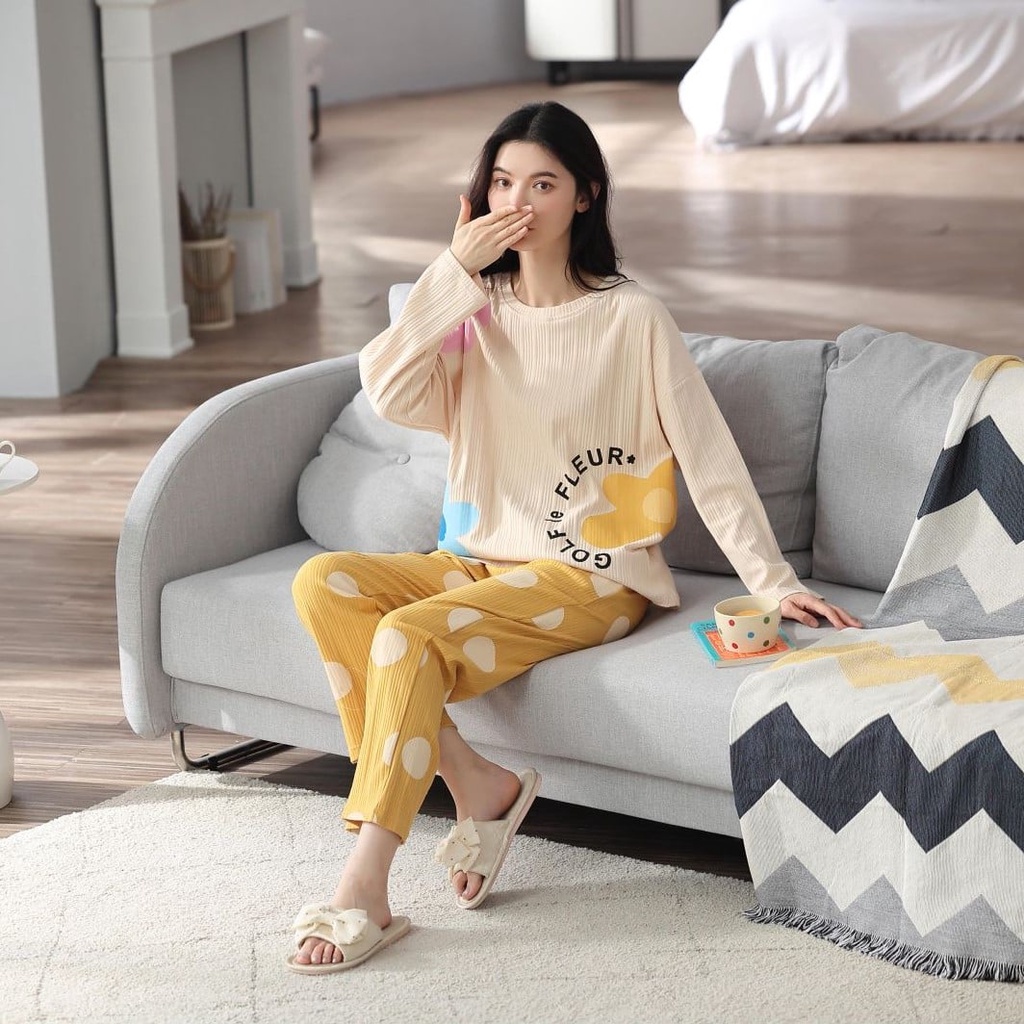 Bộ mặc nhà thu đông cotton vân sọc Flowers