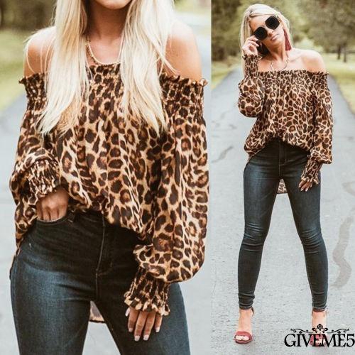 Áo kiểu trễ vai tay dài họa tiết da báo thời trang cho nữ