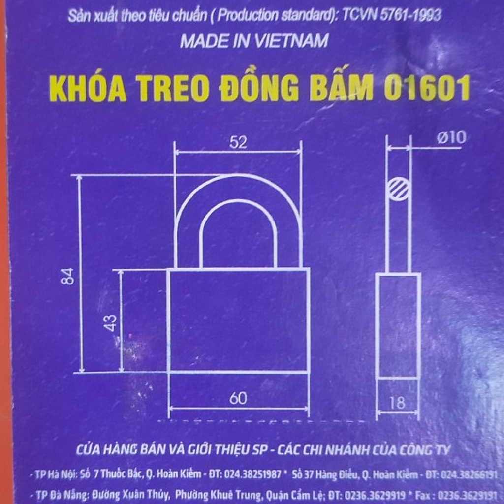 Ổ khoá việt tiệp, khoá càng dài, khoá treo đồng bấm cao cấp, siêu chắc chắn, bền, 60mm loại 01601, 01624