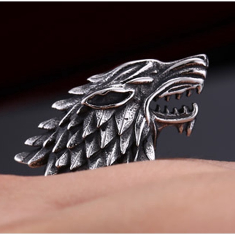 Nhẫn phong cách retro hoa văn đầu sói chất liệu thép titan