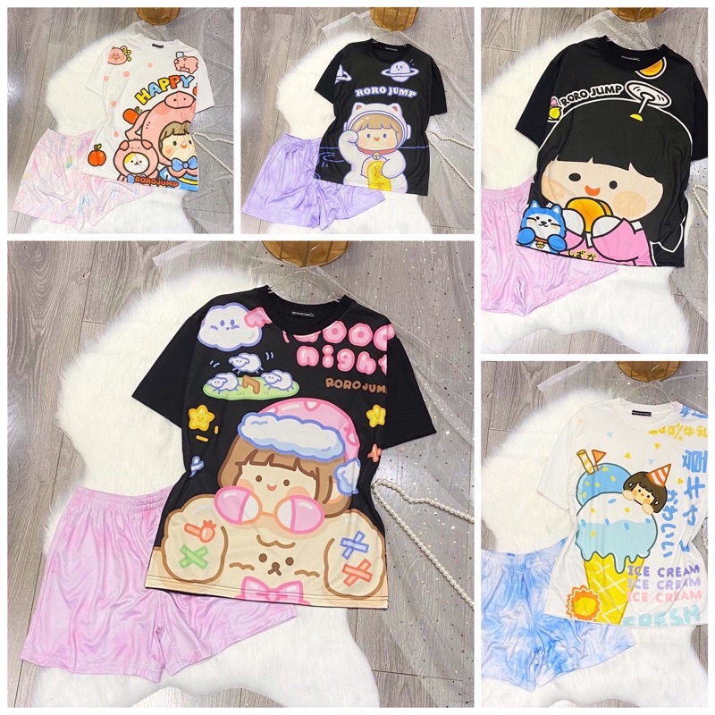 Set áo thun 3D form rộng kèm short loang tiedye hoạt hình cartoon
