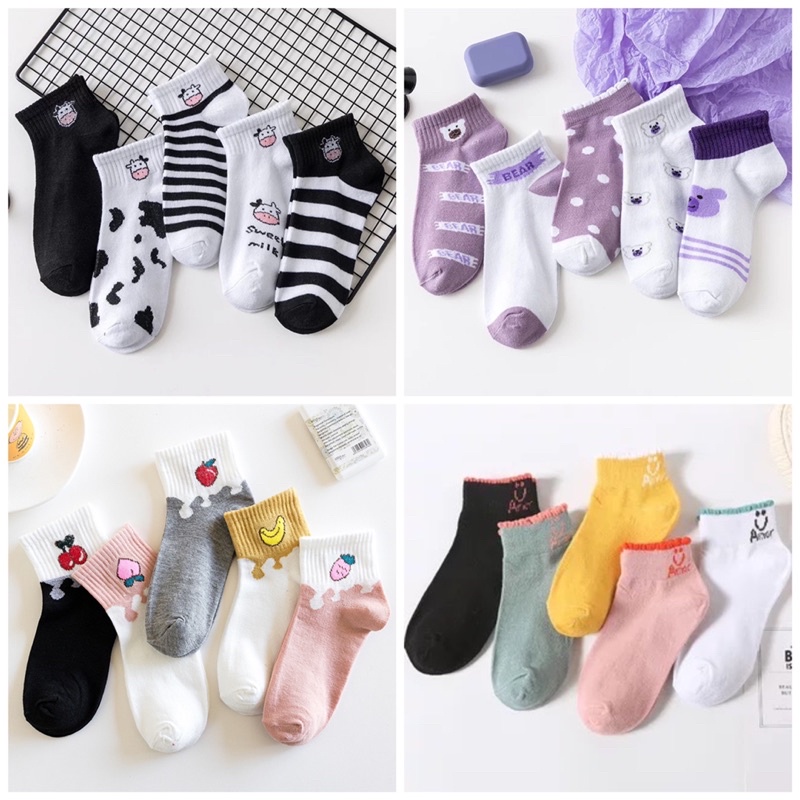 Set 5 Đôi Tất Nữ Cổ Ngắn Cotton Cute Hàn Quốc Vớ Nữ Cổ Ngắn Dễ Thương Chống Trượt Co Giãn Kèm Túi Zip Botaria