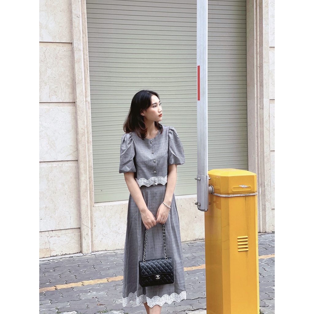 (HÀNG SẴN - HÌNH THẬT) Set Gồm Áo &amp; Chân váy midi dáng dài phối ren vạt. set đồ phong cách Retro