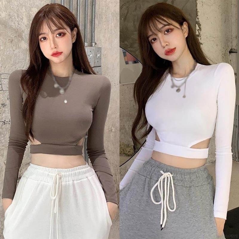 Áo Thun Lửng Tay Dài Cổ Tròn Khoét Lỗ Eo Màu Trơn Phong Cách Hàn Quốc Dành Cho Nữ