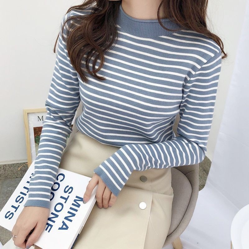 Áo Sweater Tay Dài Cổ Lọ Họa Tiết Kẻ Sọc Thời Trang Mùa Thu