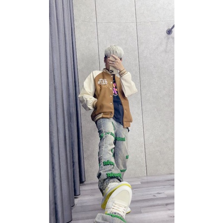 Áo khoác Bomber Tay Da, Áo bóng chày, áo khoác da dáng rộng Hàng Quảng Châu Cao Cấp