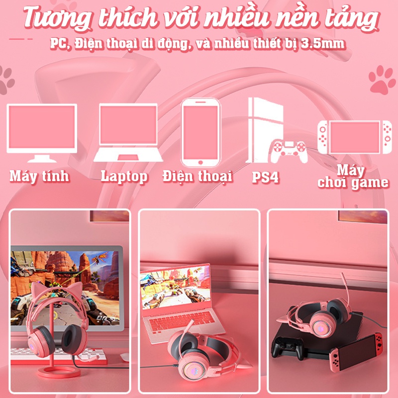 Tai nghe mèo chụp tai có dây, tai nghe gaming có micro siêu dễ thương sử dụng điện thoại và máy tính học online giải trí