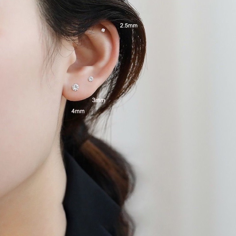 Bông Tai Bạc đính Đá CZ 6A Chuẩn 120 Lát Cắt Siêu Lấp Lánh Không ố Không mờ Khuyên Nụ Trắng Đen Đơn Giản