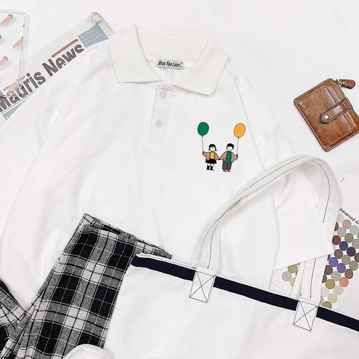 Áo Có Cổ Polo Form Rộng Chất Thun Mềm Mịn In Hình Cặp Đôi Siêu Dễ Thương Cầm Bóng Bay Phá Cách Phong Cách   TTQ0238