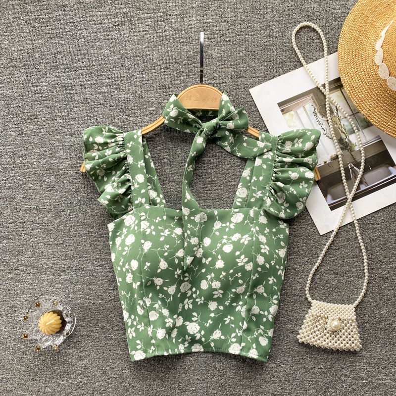 Áo Sơ Mi Ngắn Hai Dây Nhún Bèo Nhỏ Xinh Thời Trang Mùa Hè Cho Bạn Gái