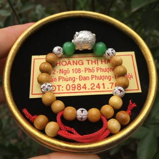 Vòng dâu tằm xịn mix con giáp Heo bạc ta & đá phong thuỷ & bi cát bạc xịn