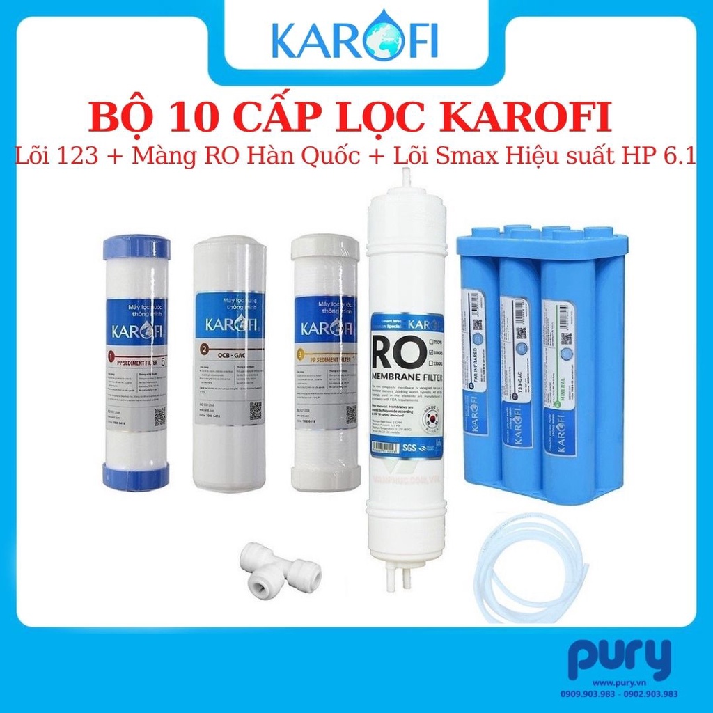 Bộ 10 Cấp Lõi Lọc Đúc Nguyên Khối Karofi SMAX Hiệu Suất Cao HP 6.1, 6.2 Hydrogen - Lõi Chức năng - Màng 100gdp Hàn Quốc