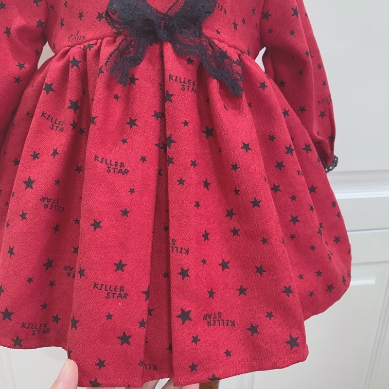 Váy thu đông dài tay cho bé gái -BABYSTORE88-Váy trẻ em dài tay -noel tết thu đông đỏ ngôi sao chất dạ