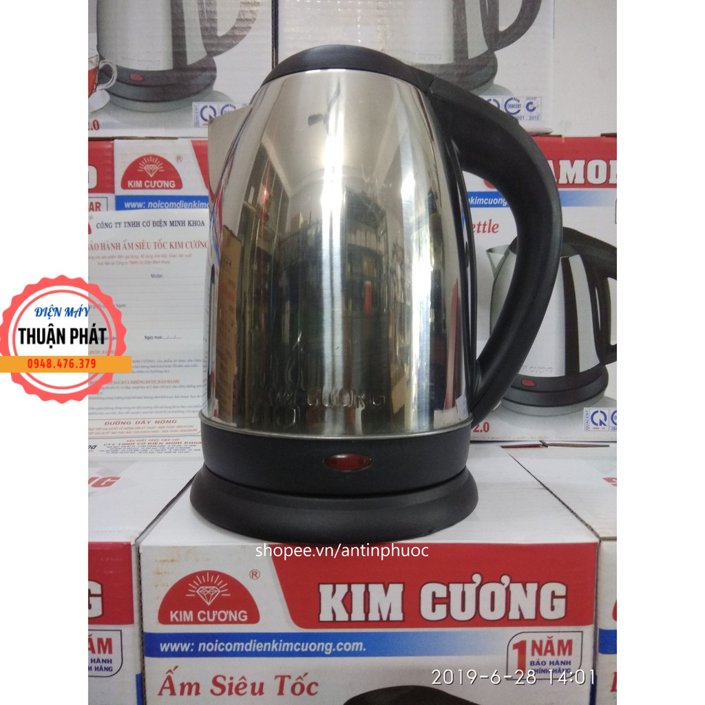 Bình Đun Siêu Tốc Kim Cương 2 lít Việt Nam - Thân inox siêu bền - Đế Xoay - Chính Hãng BH 1 năm