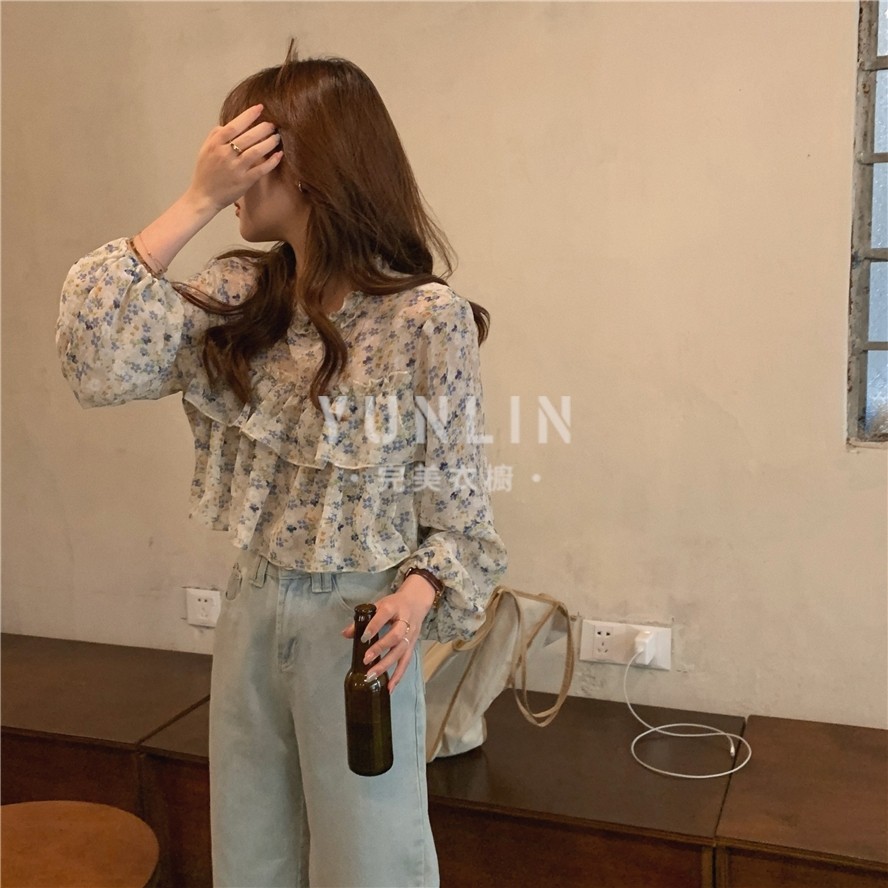 Áo Sơ Mi Chiffon Tay Dài Nhún Bèo In Họa Tiết Hoa Chất Lượng Cao Phong Cách Hàn Quốc Cổ Điển Thời Trang Mùa Hè Mới Cho Nữ 2021