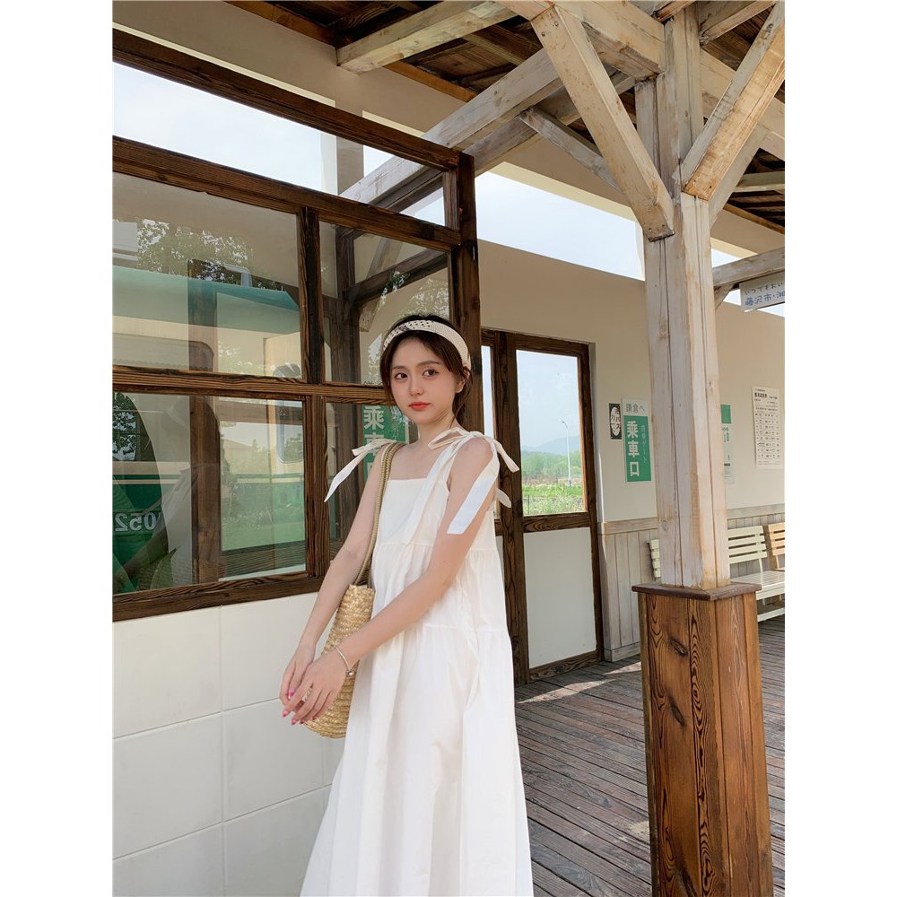 Váy Hai Dây Buộc Nơ Vai Dáng Suông ⚡ Casper.Store | FREESHIP | ⚡ Đầm suông hai dây bản to dáng Babydoll màu XANH - TRẮNG