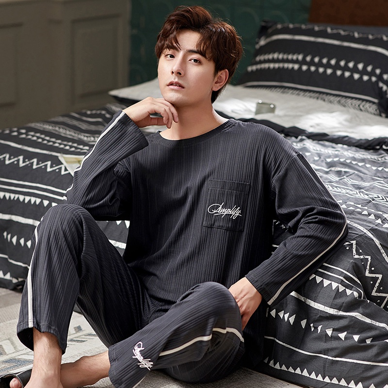 Bộ Đồ Ngủ Vải Cotton Tay Dài Cổ Tròn Dáng Rộng Thoải Mái Thời Trang Cho Nam