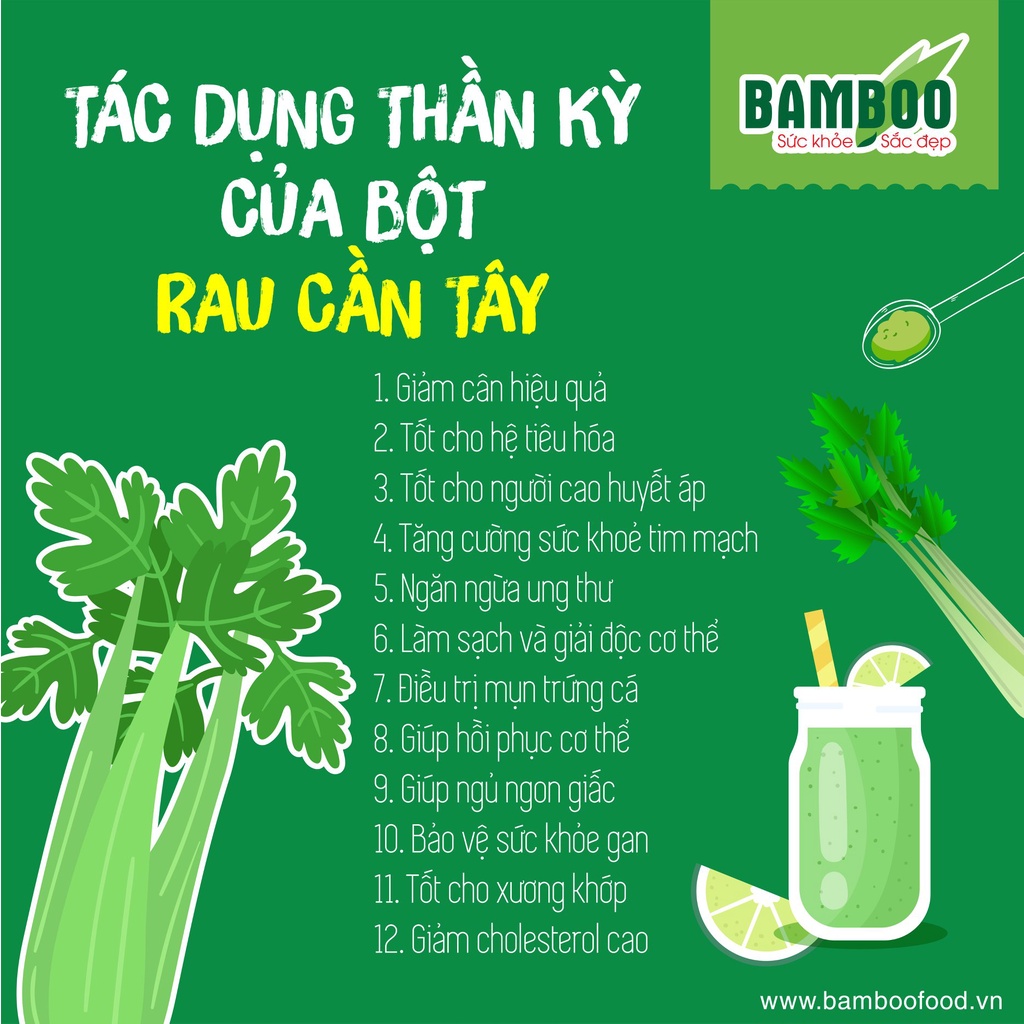 Combo bột cần tây - bột rau má Bamboo nguyên chất, siêu mịn ( hộp 20 gói/ 60g x 2)