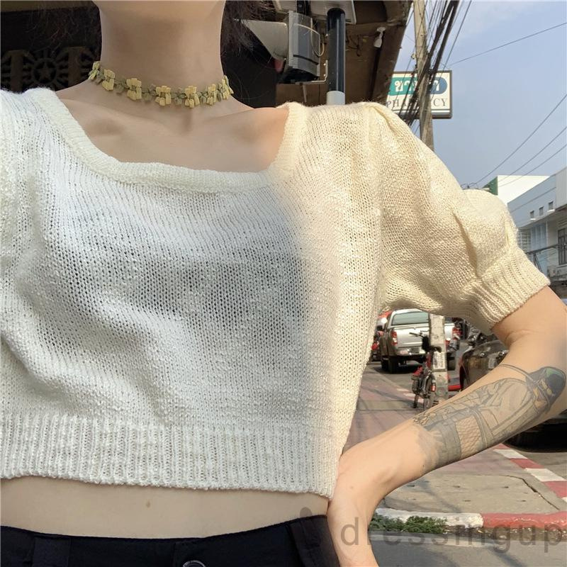 Áo dệt kim tay ngắn màu trơn hở eo thời trang mùa hè dành cho nữ