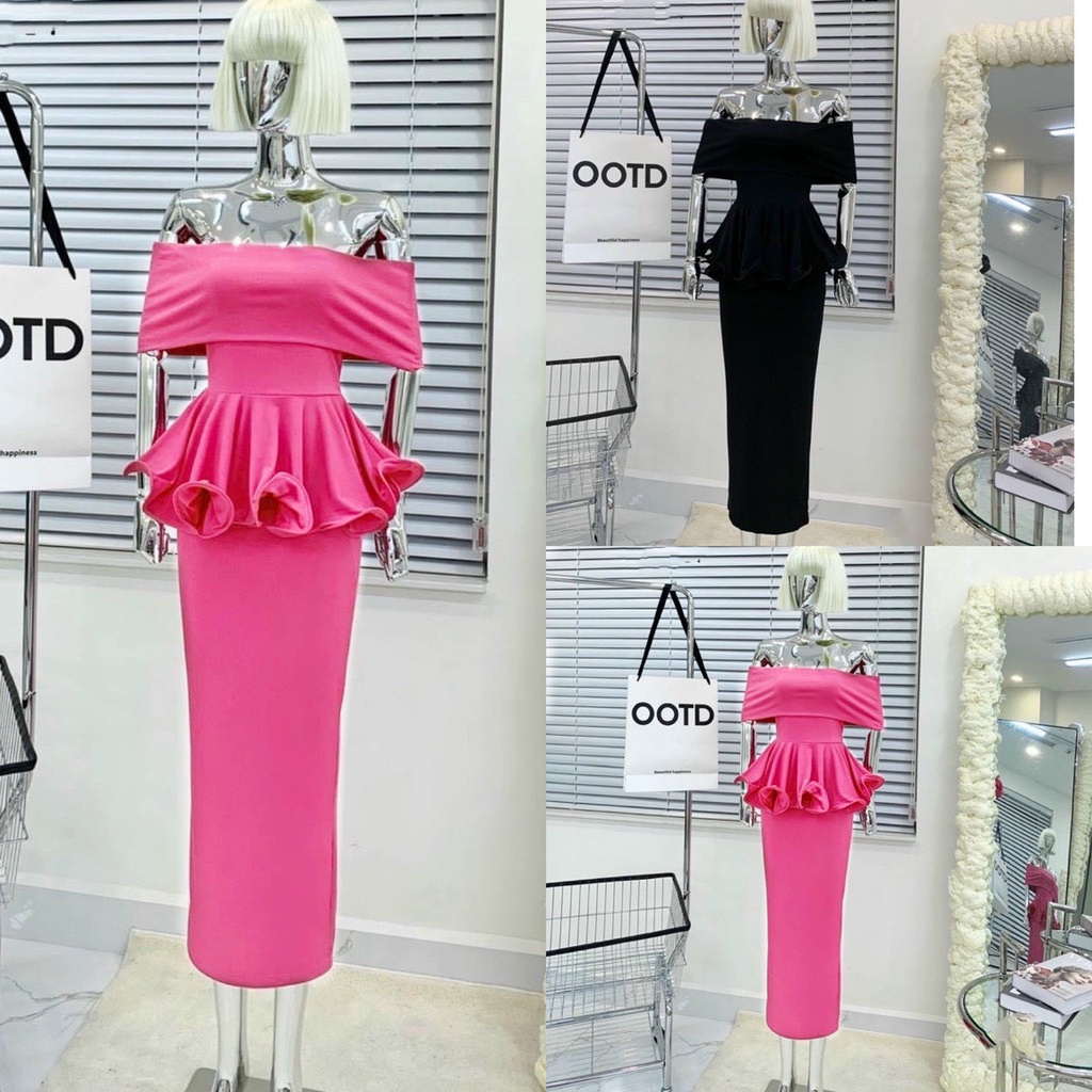 Set Áo Trể Vai Cuốn Biên Bèo Kèm Chân Váy Xẻ Sau