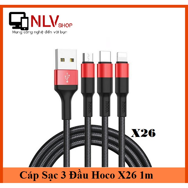 Cáp Sạc 3 Đầu Hoco x26 1M - Hỗ Trợ Sạc Nhanh