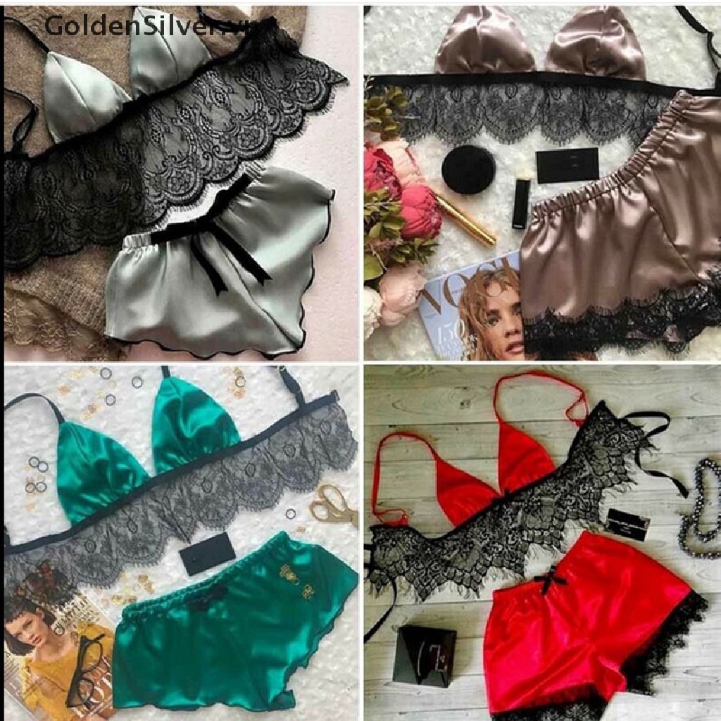Bộ Đồ Ngủ Vải Satin Không Tay Cổ Chữ V Phối Ren Màu Bạc Thời Trang Cho Bạn Gái