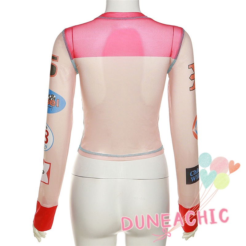 DUNEA Áo Thun Tay Dài In Họa Tiết Phối Lưới Thời Trang Cho Nữ