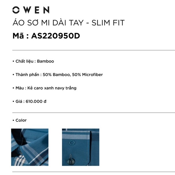 Áo Sơ Mi Nam Dài Tay OWEN AS220950D Somi Công Sở Vải Sợi Tre Cao Cấp Màu Caro Xanh Navy Trắng Dáng Ôm Tà Lượn Không Túi