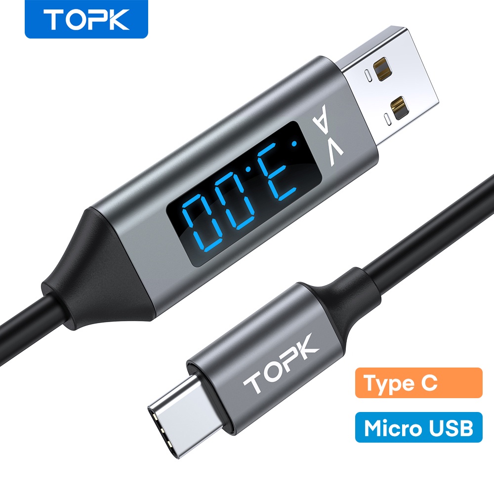 Dây Cáp TOPK 1m LED Vôn Kế Và Điện Áp Với Cổng Micro USB Type C Cho Điện Thoại Android