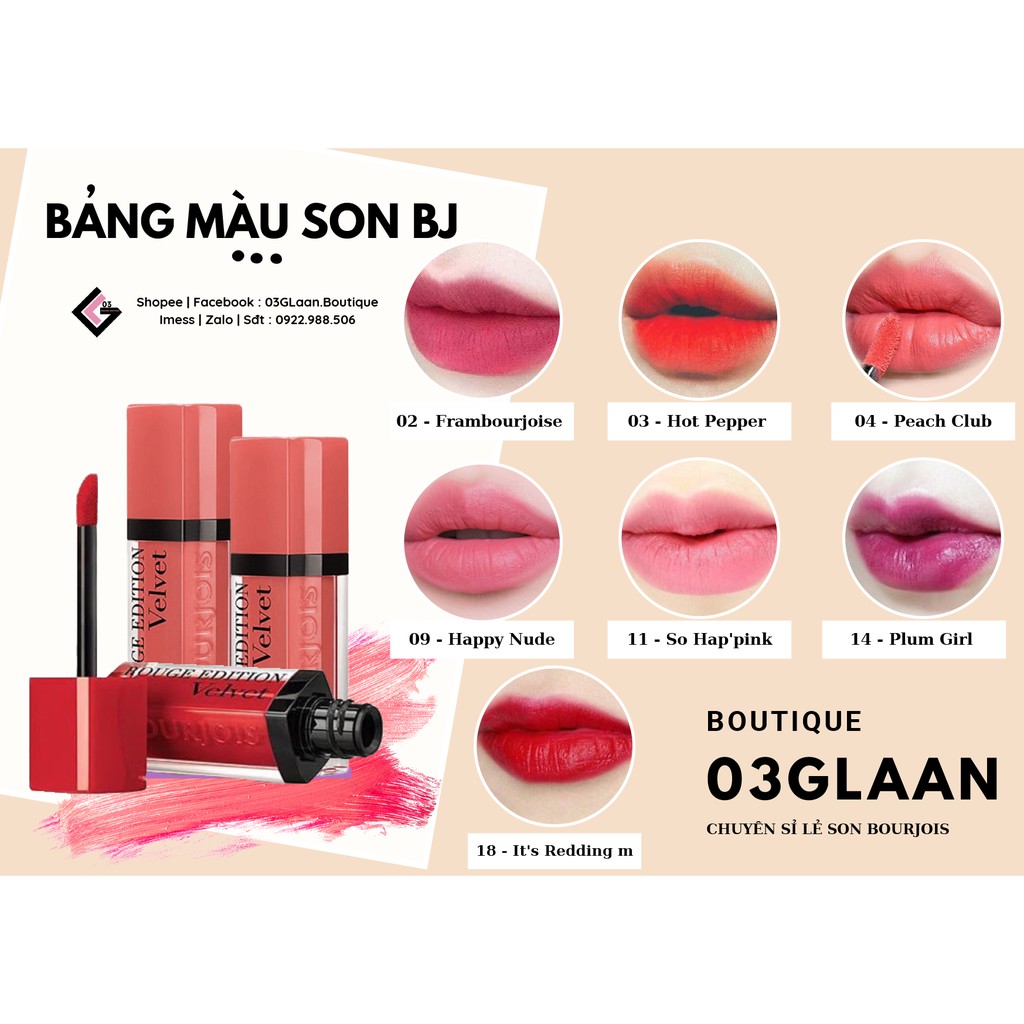 Son BJ Velvet - Bourjois Rouge Edition Velvet Cam Kết Chuẩn Auth màu 02 03 04  09 11 14 18