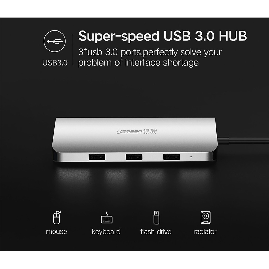 Thiết Bị Chuyển Đổi USB Type-C đến HDMI,VGA ,USB 3.0,Lan Gigabit,TF/SD Ugreen 40873 Chính Hãng