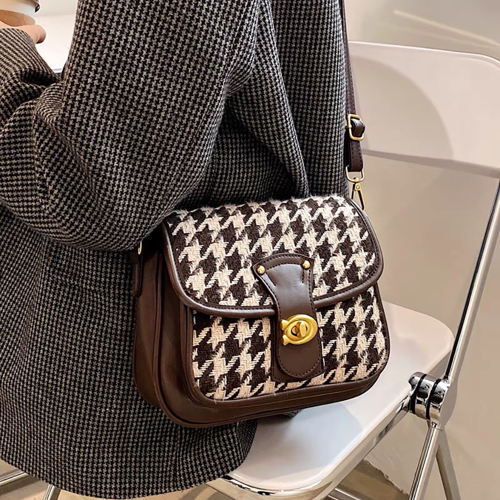 Túi xách nữ đeo chéo, Túi đeo vai da mix vải dạ tweed đẹp đi chơi phong cách thời trang hàn quốc giá rẻ dễ thương M77