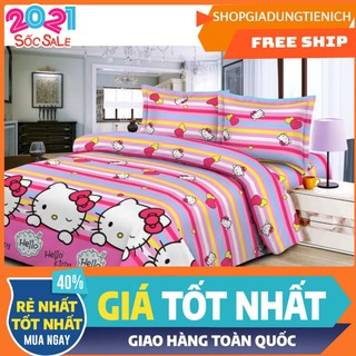 Bộ vỏ chăn ga gối kèm vỏ gối ôm gồm 5 món hello kitty trái tim sọc 4 màu