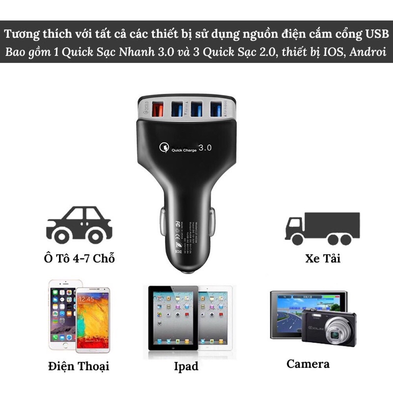 Tẩu sạc ô tô 4 cổng USB ra 1 cổng sạc nhanh 3.0