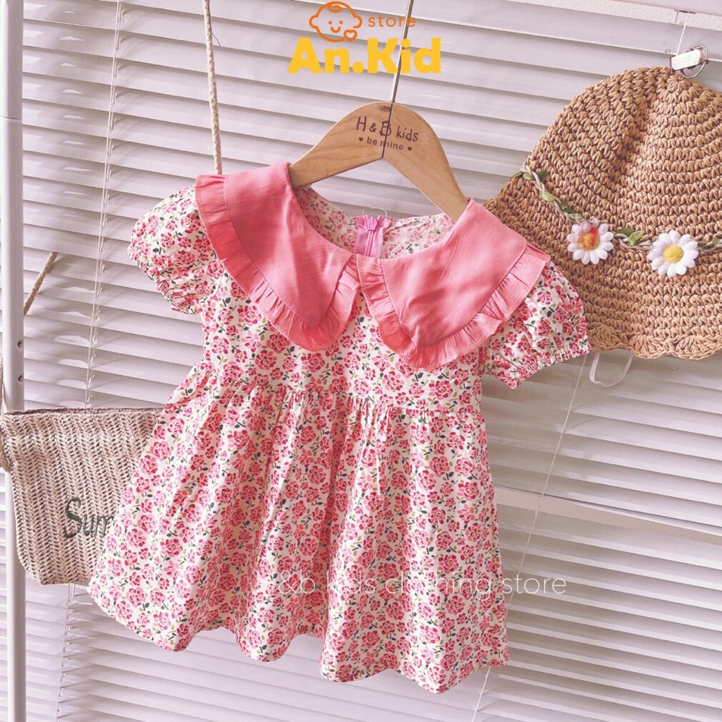 Váy Hoa Cổ Bèo Bé Gái 10-20kg Chất Thô Hàn Mềm Mát Cổ Chạy Viền Bèo Khoá Kéo Sau, Đầm Hoa Nhí Cho Bé - AN.KID